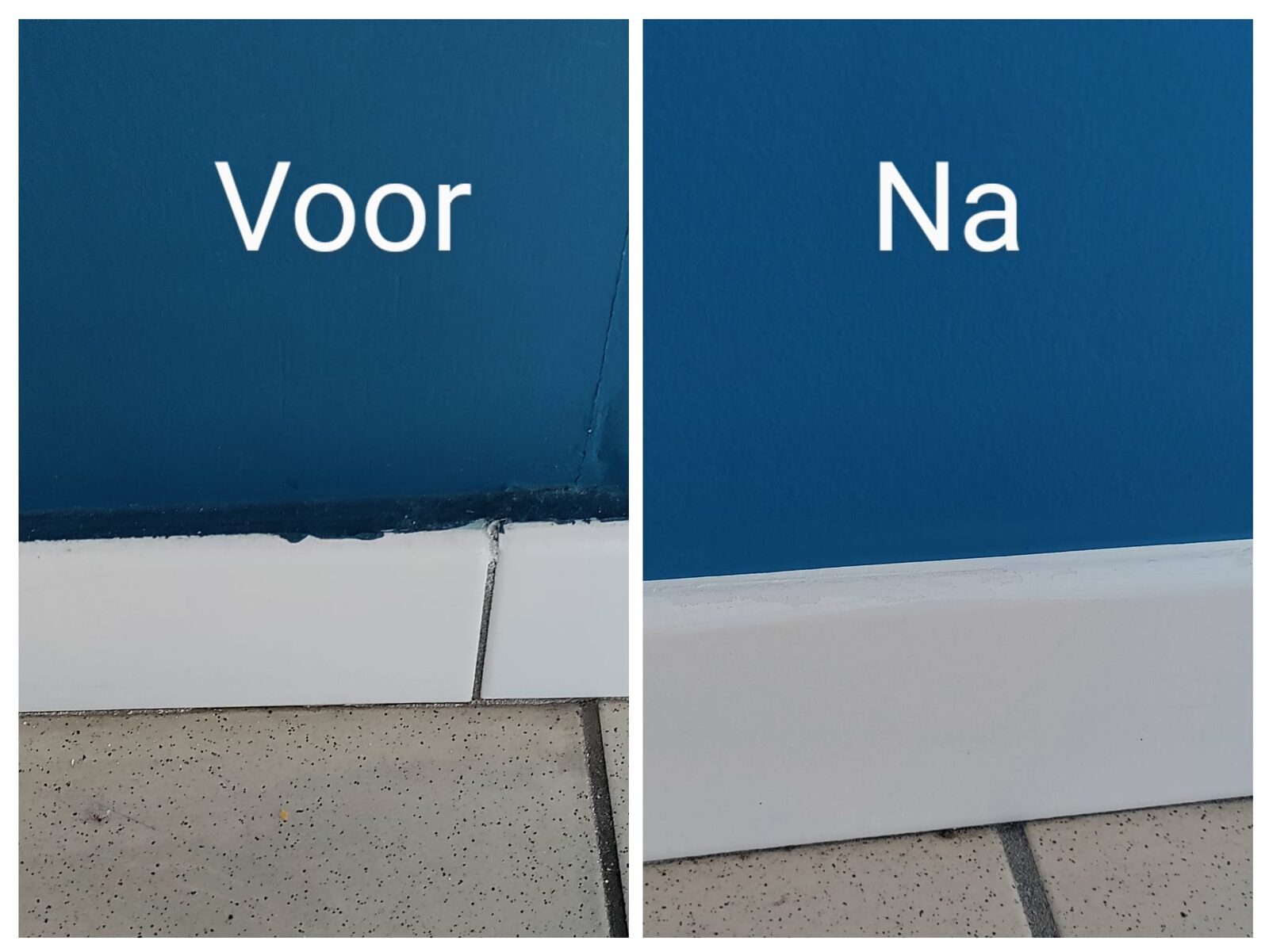 Voor en na: overgang tussen blauwe muur en witte plint, strak afgewerkt na het schilderen